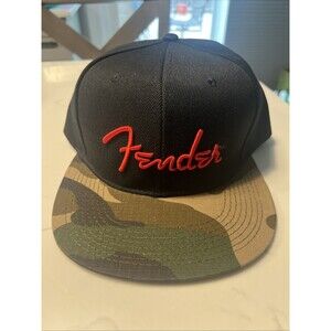 Fender Guitar Hat Camo Snapback Flat Bill Cap Black/Camo Red Logo The Classics